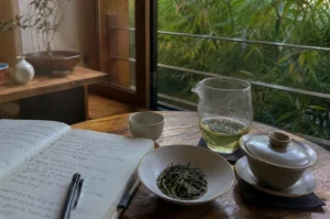 A cozy, serene indoor scene captured from a slightly elevated angle shows a wooden table arranged for a traditional tea session next to an open window overlooking vibrant green bamboo foliage. On the left side of the table lies an open notebook filled with handwritten cursive text, a black pen resting across its pages. In the center, a small ceramic bowl holds a neat mound of loose, dark green tea leaves, positioned next to a small, empty white ceramic teacup. To the right, a clear glass pitcher contains a light green liquid, and next to it sits a traditional ceramic gaiwan—a covered tea bowl on a matching saucer—both resting on dark fabric coasters. The warm, natural light filtering through the window illuminates the scene, casting a peaceful, contemplative ambiance over the entire setup.