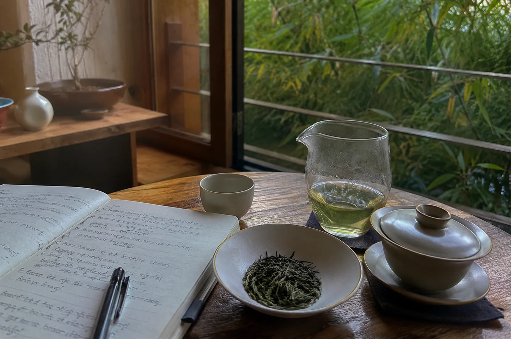 1 - Why We Keep Looking for the Perfect Tea A cozy, serene indoor scene captured from a slightly elevated angle shows a wooden table arranged for a traditional tea session next to an open window overlooking vibrant green bamboo foliage. On the left side of the table lies an open notebook filled with handwritten cursive text, a black pen resting across its pages. In the center, a small ceramic bowl holds a neat mound of loose, dark green tea leaves, positioned next to a small, empty white ceramic teacup. To the right, a clear glass pitcher contains a light green liquid, and next to it sits a traditional ceramic gaiwan—a covered tea bowl on a matching saucer—both resting on dark fabric coasters. The warm, natural light filtering through the window illuminates the scene, casting a peaceful, contemplative ambiance over the entire setup.