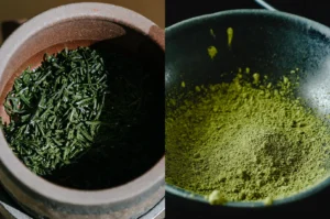 The Differences in Japanese Green Tea.webp" displays a side-by-side comparison of two types of green tea: a dark, leafy sencha on the left in a brown bowl, and a vibrant, fine green matcha powder on the right in a dark textured bowl.