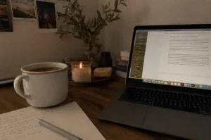 A cozy, dimly lit workspace on a wooden desk features an open laptop on the right displaying a text document with a bright screen. In the left foreground, a large ceramic mug filled with a dark beverage sits next to a sheet of paper covered in handwritten notes and a light gray pen. The mid-ground is softly illuminated by a glowing scented candle in a glass jar resting on a small round wooden tray alongside a textured pastry. Behind the tray, a clear glass vase holds leafy green branches, flanked by a stack of books on the right and postcards pinned to the wall on the left, creating a warm, focused, and calm atmosphere.