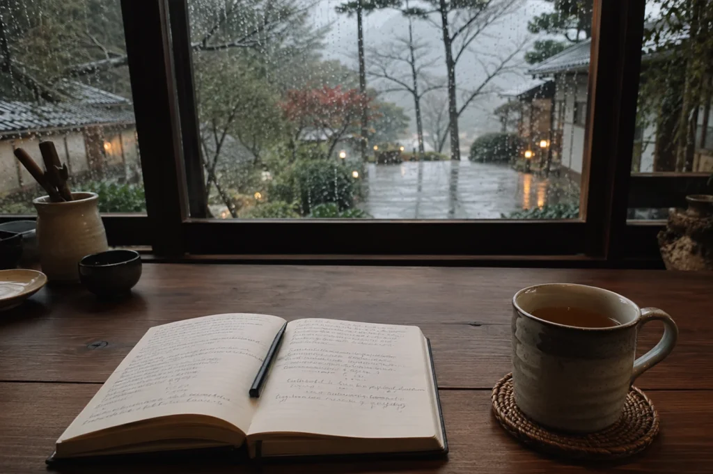 The image depicts a serene, contemplative scene from inside a cozy room overlooking a rainy, atmospheric landscape. In the foreground, an open notebook with handwritten text and a pen rests on a warm-toned, polished wooden table alongside a steaming ceramic mug of tea sitting on a woven coaster. To the left, a small pottery vessel holds writing tools, while to the right, a potted plant adds a touch of greenery. Through the large window, rain streaks create a soft, blurred effect over a view of lush trees, traditional-style buildings, and a paved courtyard, all illuminated by the gentle glow of outdoor lights, enhancing the tranquil and introspective mood of the moment.