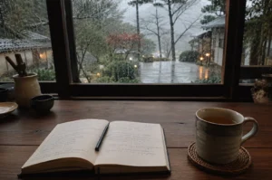 The image depicts a serene, contemplative scene from inside a cozy room overlooking a rainy, atmospheric landscape. In the foreground, an open notebook with handwritten text and a pen rests on a warm-toned, polished wooden table alongside a steaming ceramic mug of tea sitting on a woven coaster. To the left, a small pottery vessel holds writing tools, while to the right, a potted plant adds a touch of greenery. Through the large window, rain streaks create a soft, blurred effect over a view of lush trees, traditional-style buildings, and a paved courtyard, all illuminated by the gentle glow of outdoor lights, enhancing the tranquil and introspective mood of the moment.