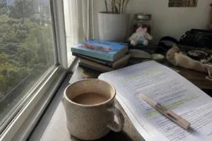 A tranquil study scene is set beside a window looking out onto lush green trees, with a speckled ceramic mug filled with coffee taking center stage. To the right, a stack of printed documents with highlighted text lies on the desk, accompanied by a light-colored highlighter pen. The background features a small potted plant, a glass jar, a plush character toy, and a camera, all arranged on a desk that catches the soft natural light streaming through the window.