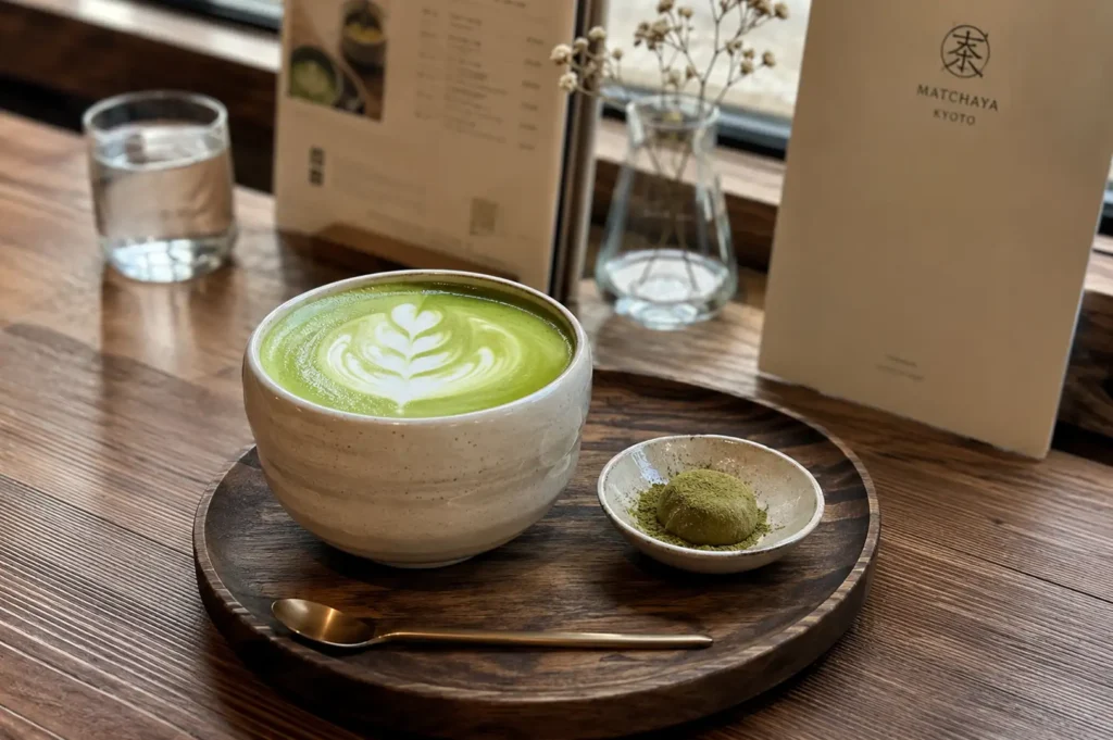 A high-angle shot captures a dark round wooden tray set on a warm wooden tabletop, presenting a large, speckled beige ceramic bowl filled with a matcha latte featuring a multi-layered tulip foam art design. Beside the bowl on the tray rests a small white dish holding a single green matcha mochi dusted with fine matcha powder, accompanied by a slim gold spoon placed in the foreground. In the soft-focused background, a clear glass vase with delicate dried baby's breath flowers, a glass of water, and paper menu cards—including one branded "Matchaya Kyoto"—are arranged against a bright window setup.