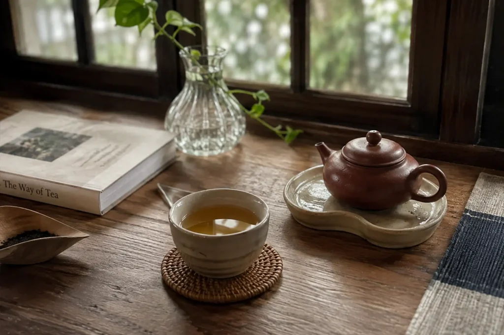 A serene high-angle shot captures a rustic tea set arranged on a rich, dark wooden windowsill in natural light. In the center, a warm cup of amber tea rests on a round, woven rattan coaster, accompanied on the right by a traditional reddish-brown clay Yixing teapot sitting on an organic, light-glazed ceramic saucer. To the left, an open book titled "The Way of Tea" lies beside a small wooden scoop holding loose dark tea leaves. In the background, a clear glass vase holding a trailing green pothos vine stands against a multi-paned wooden window frame, offering a soft view of lush green outdoor foliage.