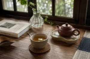 A serene high-angle shot captures a rustic tea set arranged on a rich, dark wooden windowsill in natural light. In the center, a warm cup of amber tea rests on a round, woven rattan coaster, accompanied on the right by a traditional reddish-brown clay Yixing teapot sitting on an organic, light-glazed ceramic saucer. To the left, an open book titled "The Way of Tea" lies beside a small wooden scoop holding loose dark tea leaves. In the background, a clear glass vase holding a trailing green pothos vine stands against a multi-paned wooden window frame, offering a soft view of lush green outdoor foliage.
