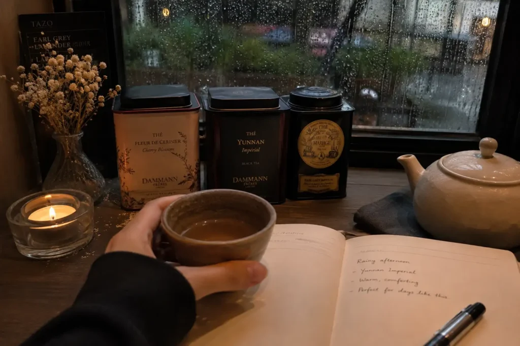 A cozy, rainy-day tea setting arranged on a wooden windowsill overlooking rain-streaked glass. In the center, a hand holds a rimmed, rustic ceramic cup of warm tea over an open journal containing handwritten notes and a pen. Behind the journal stand three gourmet tea tins—including Dammann Frères "Thé Fleur de Cerisier" and "Thé Yunnan Impérial," alongside Mariage Frères "Earl Grey Impérial"—accompanied by a lit tealight candle in a glass holder, a small glass vase of delicate dried flowers, and a white ceramic teapot resting on a dark cloth napkin.