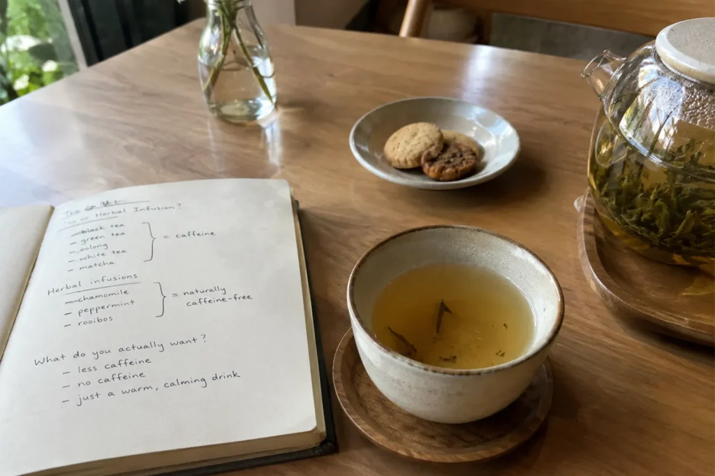 Teacup, teapot, cookies, and an open notebook on a wooden table.