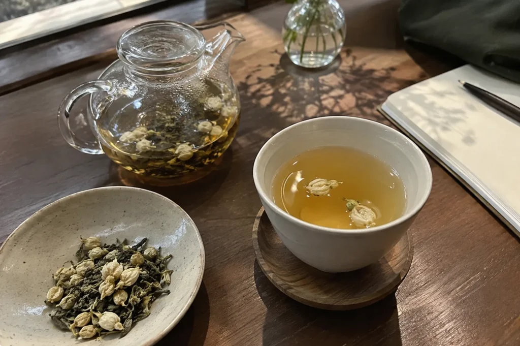 Glass teapot and white cup serving jasmine flower tea on a dark wooden table.