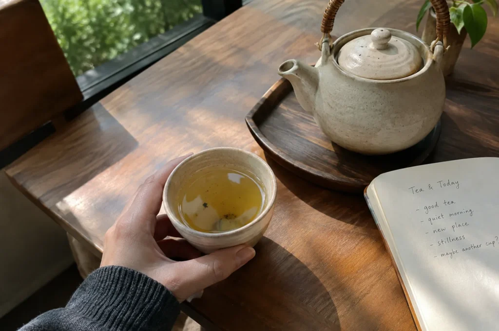 Hand holding a cup of tea on a sunlit wooden table next to a ceramic teapot.