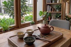 Traditional tea set with a ribbed terracotta teapot, small ceramic cups, and loose tea leaves on a wooden tray beside a window with potted plants.
