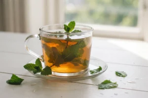 Glass mug of herbal peppermint tea on a white table near a window.