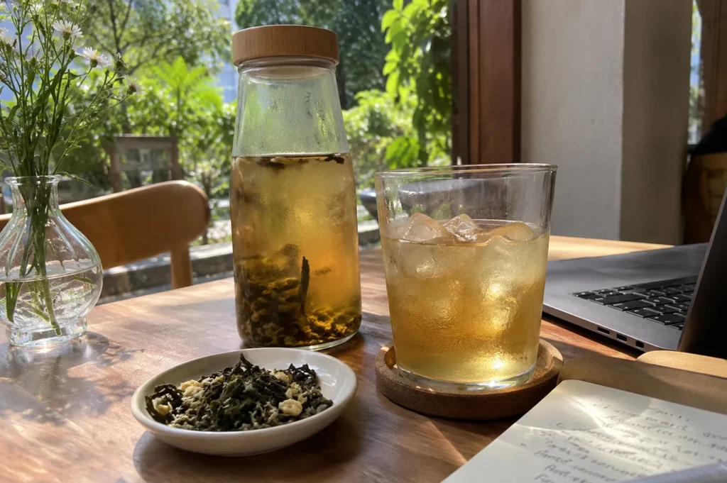 Glass bottle of brewed tea, a glass of iced tea with a coaster, and a small dish of loose tea leaves on a wooden cafe table near a laptop.