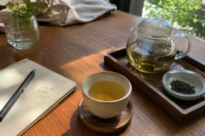 Wooden tabletop featuring a cup of warm tea on a coaster, an open notebook with a pen and handwritten message, a glass teapot with loose leaves, and a vase of small white flowers under sunlight.