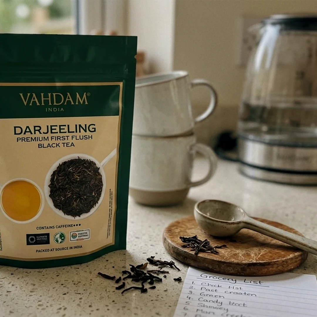 A close-up, eye-level shot featuring a green and cream-colored pouch of Vahdam India "Darjeeling Premium First Flush Black Tea" standing upright on a speckled cream kitchen countertop. To the right of the bag, loose dark tea leaves are scattered near a small, round wooden coaster holding a ceramic measuring spoon. In the background, two white ceramic mugs are stacked next to a clear glass electric kettle filled with water, all softly blurred in front of a bright window. A handwritten grocery list on a white piece of paper lies in the foreground next to the scattered tea leaves.